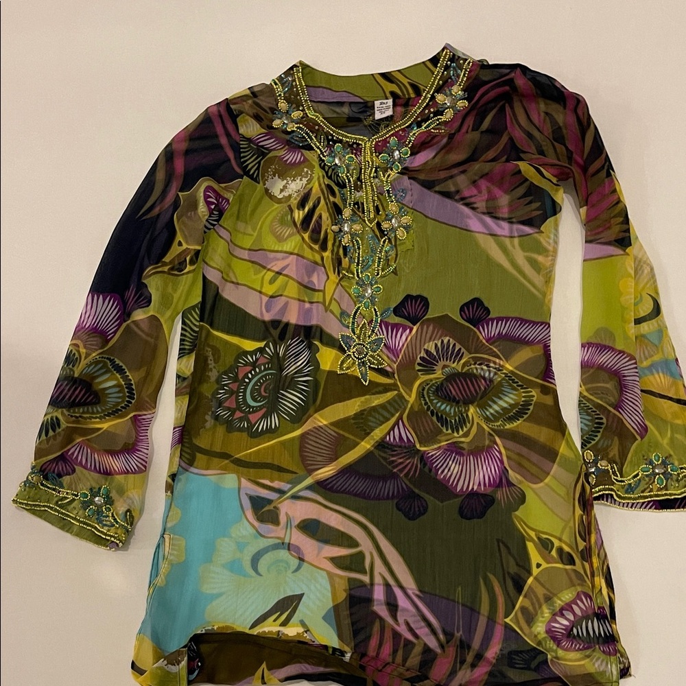 Raj Vibrant Floral Tunic with Beaded Accents
